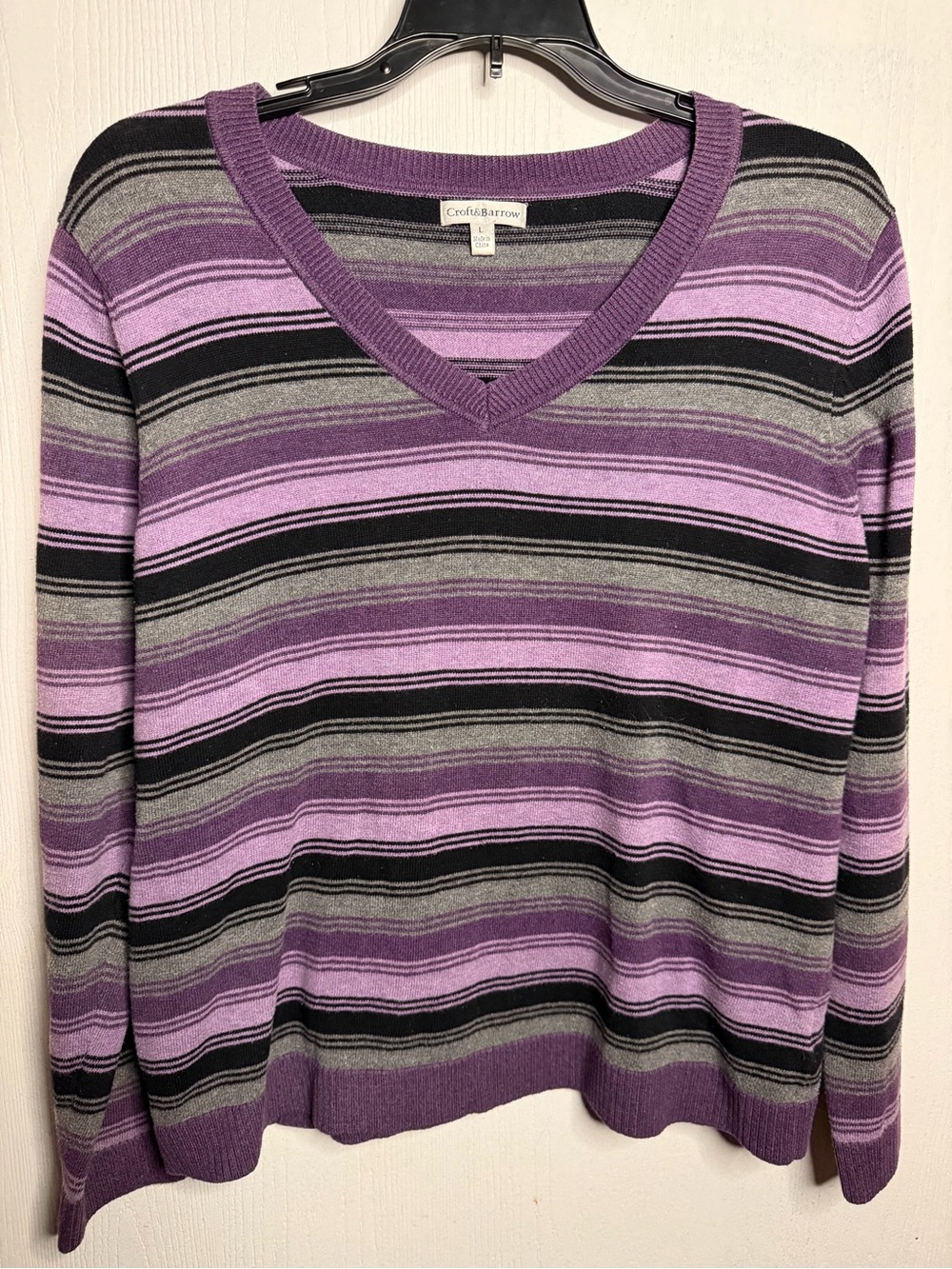 croft & barrow Lavender and Black Striped V-Neck Sweater